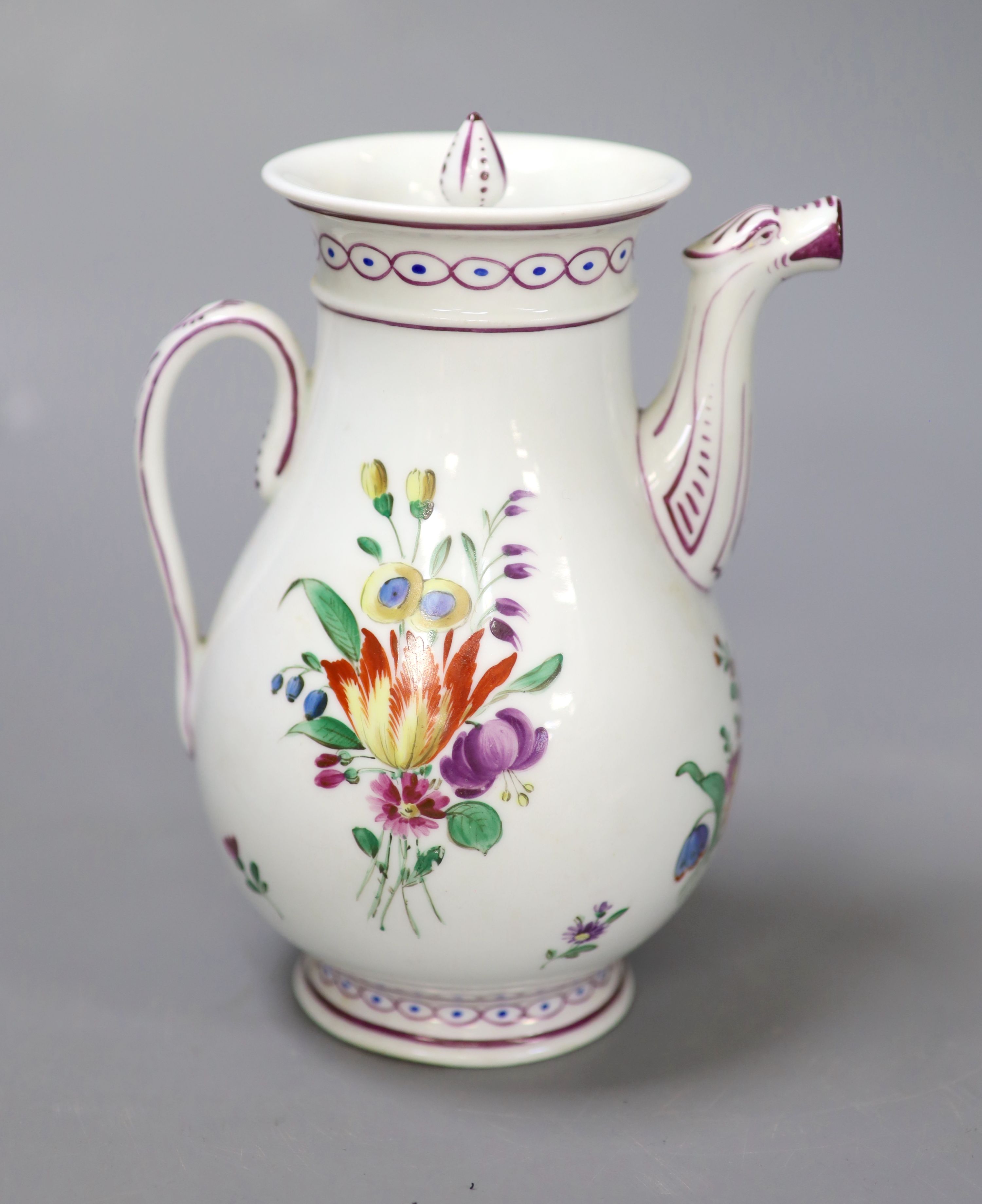 An 18th century Continental coffee pot and cover painted with flowers probably Vienna, impressed 84, 18cm high